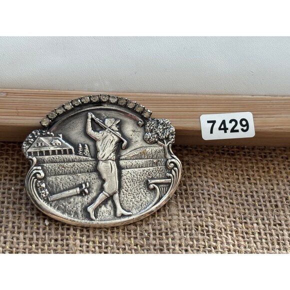 Vintage Silver-Tone Golf Scene Brooch With Rhinestone Accents - Picture 7 of 7